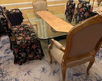 Louis XV Style Giltwood Dining Chairs with Floral Upholstery and Glass Top Dining Table