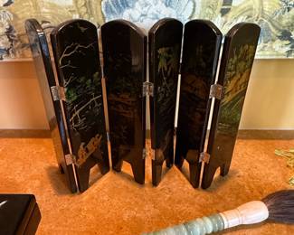 Vintage Black Lacquer Miniature Folding Screen with Asian Landscape Scenes second image