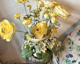 Yellow Ranunculus and Hydrangea Artificial Flower Arrangement in Wire Basket