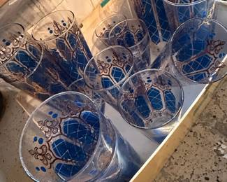 Culver MidCentury Blue and Gold Fleurdelis Glasses