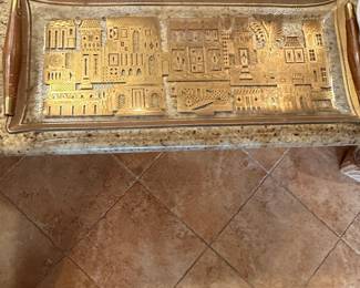 MidCentury Georges Briard Facade Etched Glass Serving Tray with Gold Tone Accents