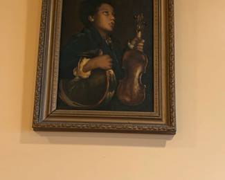 Oil Painting of a Young Black Boy with Violin and Banjo