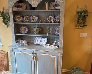 Distressed French Country Hutch with Blue and White Porcelain Collection