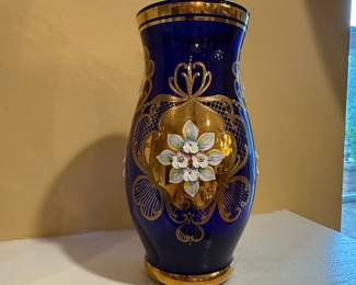 Bohemian Cobalt Blue Glass Vase with Gilt and HandPainted Floral Motif