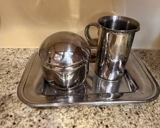 Tramontina Stainless Steel or Creamer, Sugar Bowl, and Tray Set