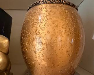Gold Tone Mercury Glass Vase with Ornate Trim and Metal Stand