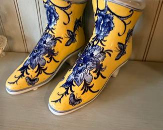 Yellow Ceramic Boots with Blue Floral and Butterfly Motif