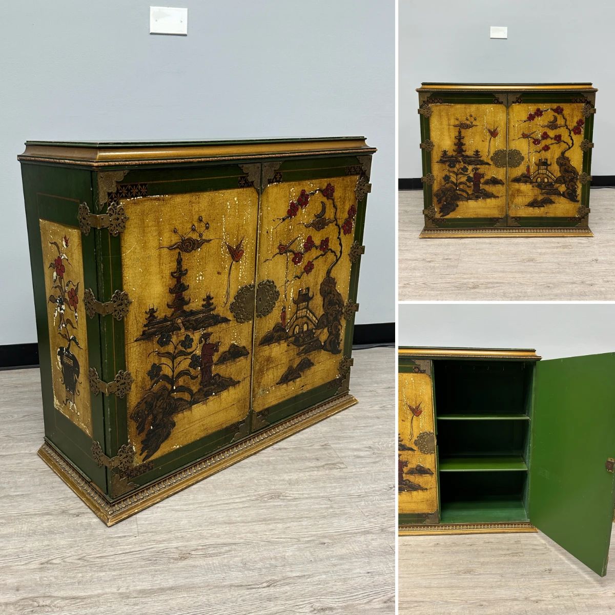 A Chinoiserie style cabinet with double doors, decorated with carved relief and painted landscape and floral scenes, interior with shelf area; 37”W x 17”D x 34”H.