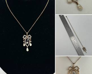 14K gold, diamond, and pearl lavalier pendant on 10K gold chain necklace