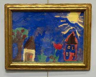 A child's original painting, showing houses, trees, and sun in blue sky; signed, in a gilded frame 20-1/4" H x 26-1/4" W
