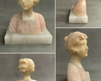 A vintage Italian or French bust carved from alabaster and marble, often referred to as a "Mignon" statue or a bust of a girl.