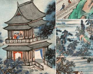 Closeup details from pair of framed original Chinese landscape watercolor paintings by artist Won Tai, Peking. Framed dimension of each is 38" H x 34" W.