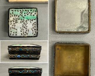More views of the antique Chinese trinket box with top panel of meticulously hand-carved jade inlaid into a frame with enameled precious objects and vases of peonies in relief on hammered side surfaces; underside of lid with inset mirror