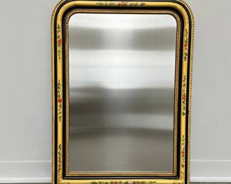 A large vintage 1960's LaBarge hand painted mirror, French 19th Century Louis Philippe style and shape, with gold color paint and colorful floral details. Measures 36" H x 26" W.
