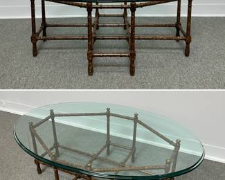 More views of the vintage Baker Hollywood Regency era faux bamboo oval coffee table with a removable glass top on an octagonal, eight-legged faux bamboo base with a lacquered finish, 44” W x 31” D x 16” H