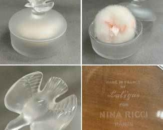 More views of the vintage Lalique crystal powder box created in France for Nina Ricci's "L'Air du Temps" fragrance. Circular frosted crystal box with dove finial on gently rounded lid.