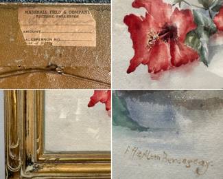 Closeup views of the beautiful signed original watercolor painting of red hibiscus flowers and vase in a still life composition. Signature appears to read "Effie Aleen Bercegeay" and the painting is in a lovely classical gilt frame, 18-1/2" H x 25" W.