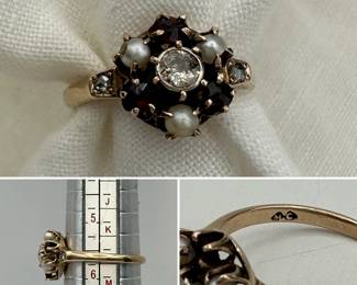 10K yellow gold, garnet and diamond ring size 5-3/4.