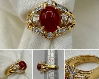 18k yellow gold, jadeite, and diamond ring, size 7