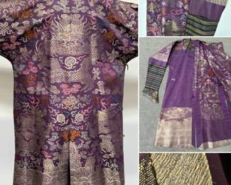 More view of stunning antique Chinese Qinq Dynasty silk kesi dragon purple robe with 9 total five-clawed dragons (one hidden by the over-flap); colorfully rendered Daoist and Buddhist symbols including flaming pearl, cranes, bats, twin golden fish, Wheel of Law, parasol, endless knot, others amidst clouds above rocks, waves, and lishui striped hem. Sleeve extensions w/ color stripes end in Manchu “horse hoof” cuffs decorated w/dragons. Orange, pink, yellow, red, purple, blue, and green.