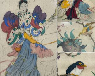 Closeup views from the six (6) original colored etchings and drypoints with watercolors by the English artist Elyse Ashe Lord (1900–1971), signed and numbered, framed. See detail listing for descriptions of each piece.