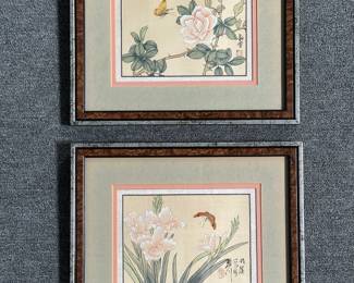 Pair of vintage Chinese traditional silk paintings depicting butterflies and flowers (roses and gladiolas), framed and matted measuring 11-1/4" H x 13-1/4" W
