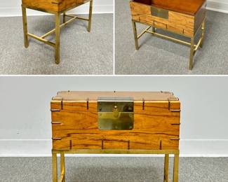 A vintage 20th C. cherry wood and brass "box on stand" side table or document storage box in the style of antique campaign writing desks. With attached stand, measures 18" W x 10" D x 18-1/2" H.