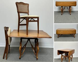 Pair of Stakmore French cane and wood folding chairs with light fabric upholstered seats; and a Baker Furniture French Provincial style oak metamorphic raising coffee table