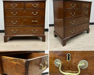 A vintage Georgian style walnut wood chest of drawers, rectangular mahogany top with moulded edge above two short and three long graduated drawers, with brass swan neck handles, shaped apron and bracket feet; 38"W x 19"D x 37"H.