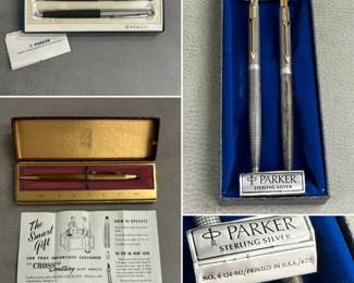 A vintage Parker 75 Sterling Silver set of a ballpoint pen and a 0.9mm mechanical pencil, both featuring a "Ciselé" grid pattern, 14k gold-plated clips and trim, in original packaging; an A.T. Cross Company 12K gold-filled mechanical pencil in original box, with vintage advertising material for the A.T. Cross Company highlighting their "Classic Century" line; and a vintage Parker 45 set of a black resin fountain pen and matching mechanical pencil with brushed steel caps; housed in their original presentation box.
