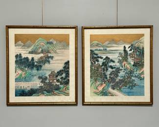 Pair of framed original Chinese landscape watercolor paintings by artist Won Tai, Peking. Framed dimension of each is 38" H x 34" W.