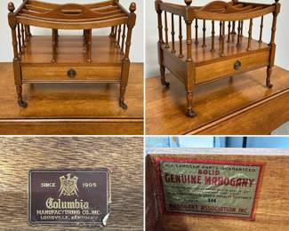 A charming vintage solid mahogany Canterbury magazine rack or music caddy by Columbia Manufacturing Co., Inc. (Louisville, KY), featuring turned spindle dividers creating multiple storage compartments, a single storage drawer with traditional brass pulls, an arched carry handle at top center, and rolling brass caster feet.