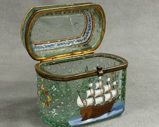 A Bohemian enameled glass sugar casket (also called a jewel or dresser casket) in the Historismus style, with hinged gilt-bronze mounts, c. 1880–1910