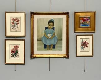 Pair of framed vintage botanical color lithographs of rock roses and poppies, 15"H x 12"W; a framed acrylic with ink painting of vivid flowers in a blue vase, 12-3/4"H x 12-3/4"W; and a vintage framed lithograph print titled "Girl in Blue Dress" by the Mexican artist Gustavo Montoya, housed in a traditional ornate gold frame (measures 28" H x 23"W.)