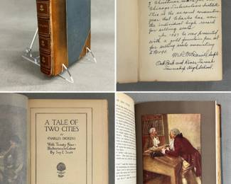 A Tale of Two Cities by Charles Dickens with Twenty Four Illustrations in Colour by Sep. E. Scott, half leather hardcover, published by Chapman & Hall, Ltd., London, undated, circa 1910.