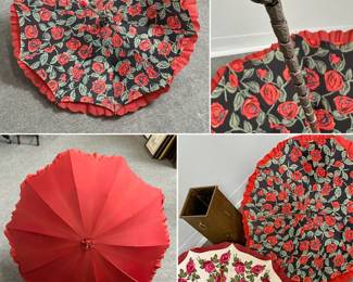 A vintage French design red parasol/umbrella with pagoda-shaped ruffled-edge canopy with colorful red roses pattern interior