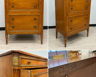 A tall chest of drawers crafted in a Directoire/Empire style, 4 primary drawers beneath one slender top accessory drawer. Neoclassical details like fluted pilasters topped with gilded acanthus leaves, tapered feet, and brass mounts. Highboy style at 33”W x 21”D x 52”H.