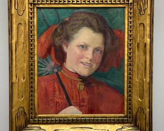 A charming vintage oil on canvas painting of a smiling young woman in red dress holding a green parasol; set in a carved and gilded wood frame that incorporates a blend of Art Nouveau and Classical design elements; 24" H x 21" W.