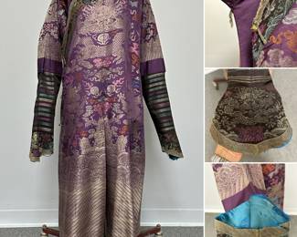 More view of stunning antique Chinese Qinq Dynasty silk kesi dragon purple robe with 9 total five-clawed dragons (one hidden by the over-flap); colorfully rendered Daoist and Buddhist symbols including flaming pearl, cranes, bats, twin golden fish, Wheel of Law, parasol, endless knot, others amidst clouds above rocks, waves, and lishui striped hem. Sleeve extensions w/ color stripes end in Manchu “horse hoof” cuffs decorated w/dragons. Orange, pink, yellow, red, purple, blue, and green.