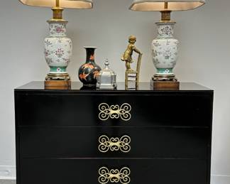 Another view of one of the stunning pair of mid-century Harvey Probber black lacquered chests from the Merchandise Mart in Chicago, shown with pair of vintage Frederick Cooper floral porcelain Chinese vase style lamps, and a vintage Chinese porcelain bottle vase with red fish on a black ground