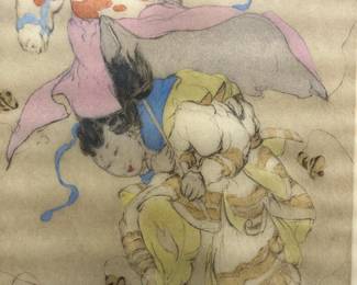 A closeup detail from one of six (6) original colored etchings and drypoints with watercolors by the English artist Elyse Ashe Lord (1900–1971), signed and numbered, framed. See detail listing for descriptions of each piece.