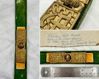 More views of the 19th century Chinese Qing Dynasty gilt-bronze belt buckle with ruyi shape hook, one half of the buckle with a Chinese character xiào translated as "filial piety" and the other half with "zhōng" translated as loyalty, faithfulness, or devotion. Measurements approximately 3-⅝” long. Has handwritten paper card attached that reads “Chinese belt buckle relic of the Boxer Uprising in Peking China in 1900”