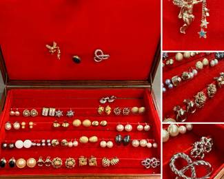 A selection of costume jewelry earrings and brooches including ones from Trifari, Chr. Dior, Benedikt NY, Kramer, Les Bernard, Napier, Monet, Bergere, and Marvella