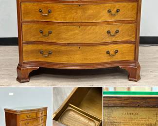 A vintage Baker Furniture George III-style serpentine 4-drawer chest crafted with decorative crossbanding and stringing along the drawer fronts and top; bracket feet, brass swan-neck or bail handles, and glass top. 39"W x 21"D x 35"H.