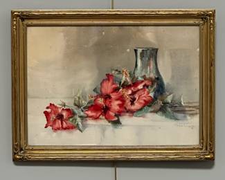 A beautiful signed original watercolor painting of red hibiscus flowers and vase in a still life composition. Signature appears to read "Effie Aleen Bercegeay" and the painting is in a lovely classical gilt frame, 18-1/2" H x 25" W.