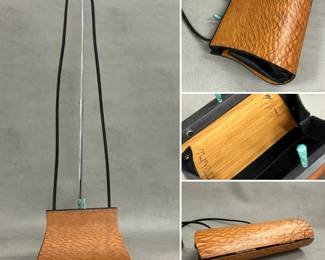 Hammill Diebolt Studio handbag, handmade from Australian lacewood veneer, with black leather interior and single strap, signed by Mark Titus Diebolt and Sharon Hammill Diebolt.