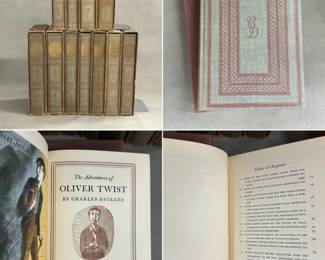 More views and inside pages of the set of 11 vintage illustrated Charles Dickens novels published by The Heritage Press, New York. Cloth hardcovers with distinctive gold lettering on the spines, each book in a protective slip case. Copyright 1939 The Heritage Club. Books comprise The Adventures of Oliver Twist, The Mystery of Edwin Drood (two copies), The Old Curiosity Shop, David Copperfield, The Pickwick Papers, Nicholas Nickleby, The Christmas Novels, A Tale of Two Cities, Barnaby Rudge, and Great Expectations.