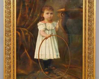 A turn of the century oil on canvas portrait of a girl. Depicts a little girl with a hoop and stick. Signed illegibly and dated "1904" upper right. Craquelure, some speckles of residue. Canvas 27 x 35 3/4" high, in a Gilt wood and gesso frame with wear and some losses, 36 3/4 x 45" high overall. ESTIMATE $300-500