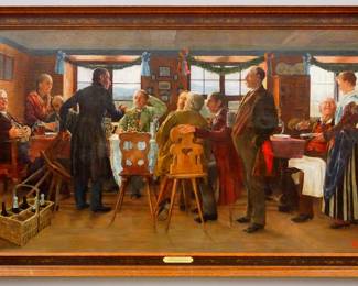 Robert Engelhorn, German, 1856-1933. A turn of the century oil on canvas genre scene, entitled "Bavarian Party". Depicts a group of men gathered around a table adorned with a bouquet of flowers and numerous steins. Signed "H.R. Engelhorn / Baden" lower right. Craquelure, lined around the edges only, numerous patches and repairs noted verso. Canvas 70 x 35 1/2" high, in a contemporary painted wood frame with minor wear and nicks, 76 1/2 x 42" high overall. ESTIMATE $2,000-3,000