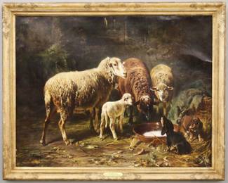 Otto Friedrich Gebler, German, 1838-1917. A late 19th century oil on canvas depicting three sheep and a lamb sharing a milk dish with two Basset Hound puppies. Signed "Otto Gebler" lower left. Wear to the paint around the edges, some rippling to canvas, a small indentation and puncture lower left near signature. Canvas 39 3/4 x 30 1/2" high, in a carved Gilt wood frame with some losses and wear, 35 1/2 x 44 1/4" high overall. ESTIMATE $800-1,200